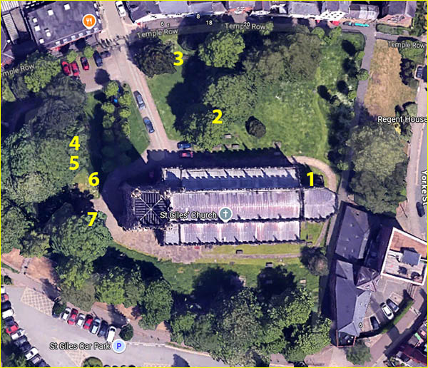 Map of St Giles Churchyard with featured graves numbered